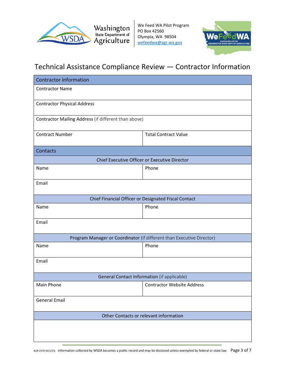 Form AGR-2376 Technical Assistance Contractor Compliance Review - We Feed Washington Pilot Food Program - Washington, Page 3