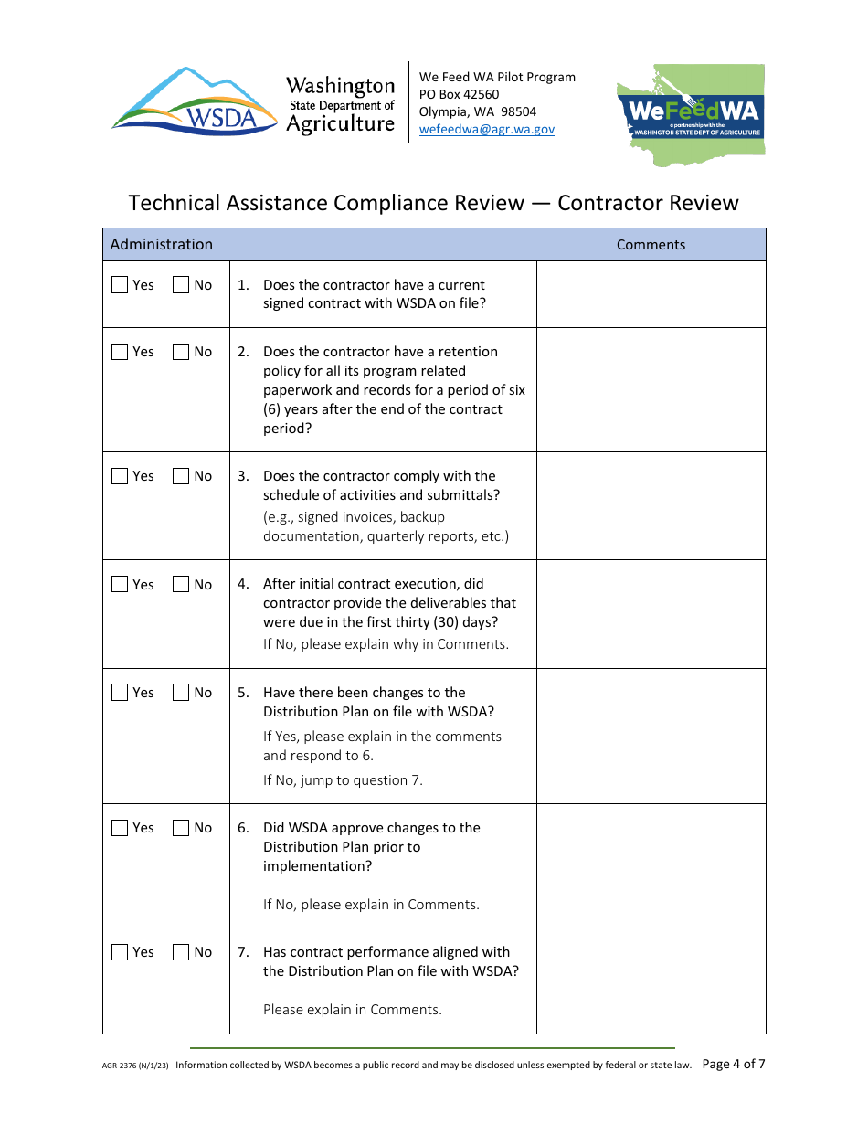 Form AGR-2376 Technical Assistance Contractor Compliance Review - We Feed Washington Pilot Food Program - Washington, Page 4