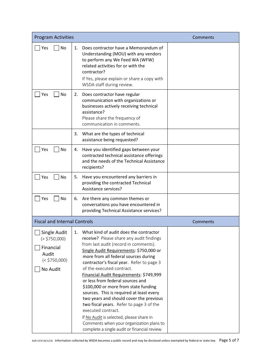 Form AGR-2376 Technical Assistance Contractor Compliance Review - We Feed Washington Pilot Food Program - Washington, Page 5