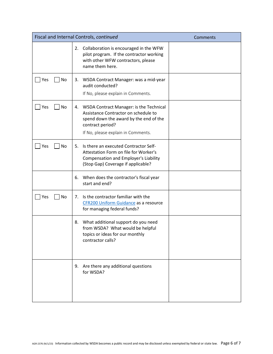 Form AGR-2376 Technical Assistance Contractor Compliance Review - We Feed Washington Pilot Food Program - Washington, Page 6