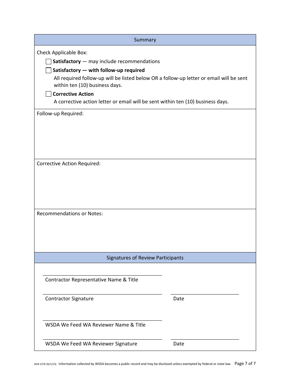 Form AGR-2376 Technical Assistance Contractor Compliance Review - We Feed Washington Pilot Food Program - Washington, Page 7