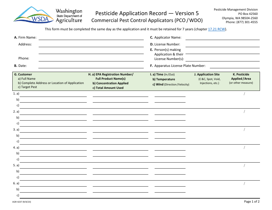 Form AGR-4237 Pesticide Application Record - Version 5 - Commercial Pest Control Applicators (Pco / Wdo) - Washington, Page 1