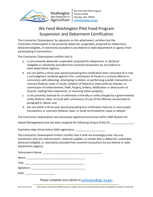 Form AGR-2375 Suspension and Debarment Certification - We Feed Washington Pilot Food Program - Washington