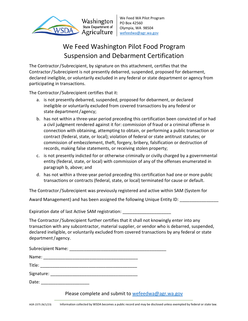 Form AGR-2375 Suspension and Debarment Certification - We Feed Washington Pilot Food Program - Washington, Page 1