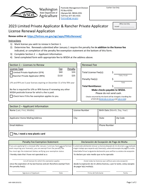 Form AGR-4380 Limited Private Applicator & Rancher Private Applicator License Renewal Application - Washington, 2023