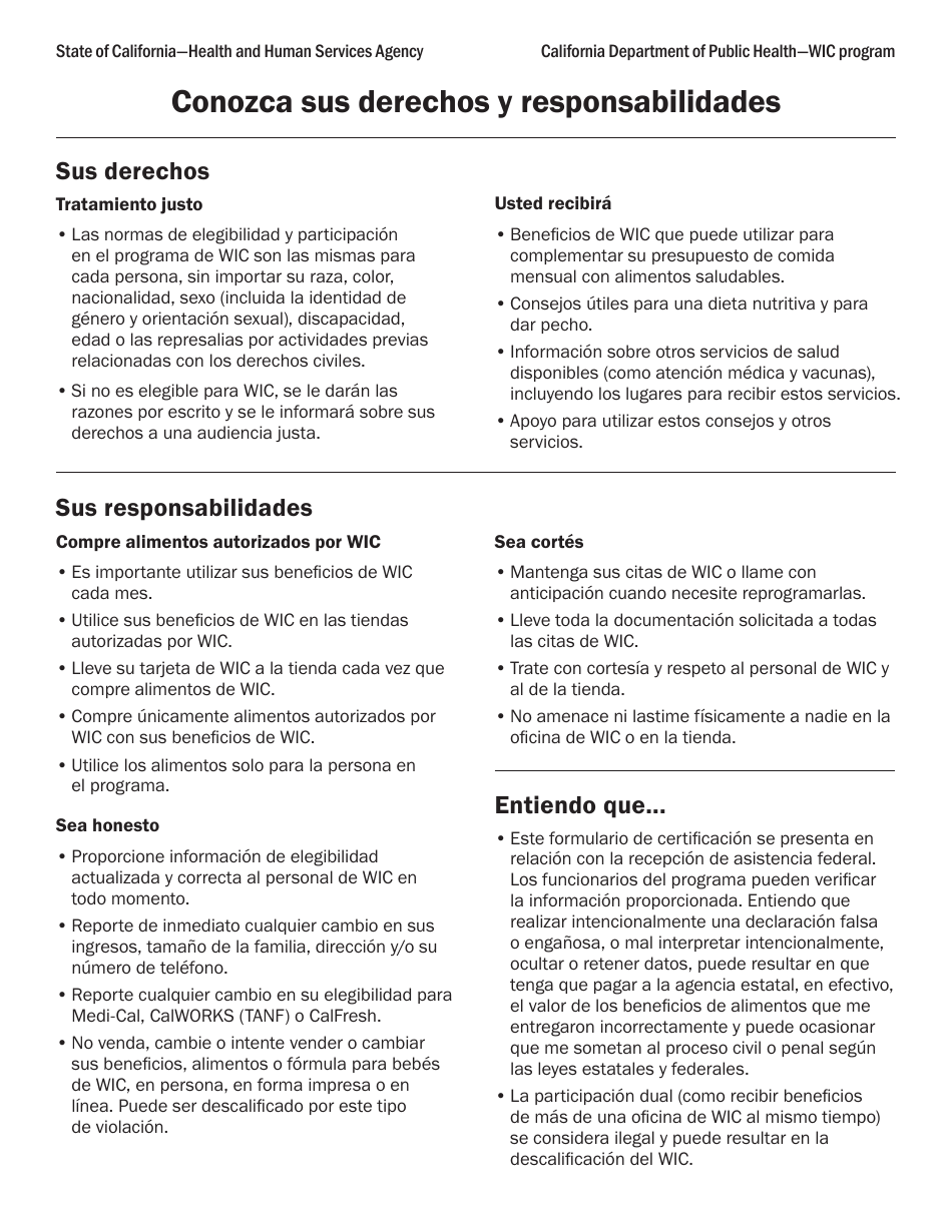 Formulario CDPH4132 Conozca Sus Derechos Y Responsabilidades - California (Spanish), Page 1