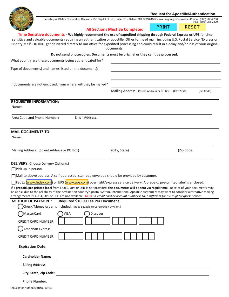 Request for Apostille / Authentication - Oregon, Page 1