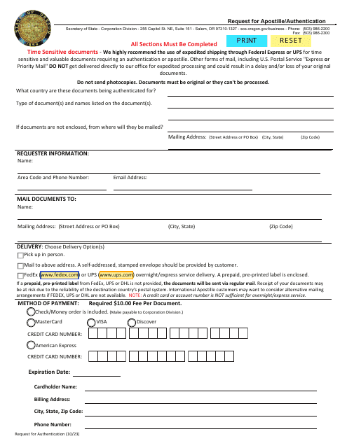 Request for Apostille/Authentication - Oregon