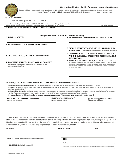 Corporation / Limited Liability Company - Information Change - Oregon Download Pdf