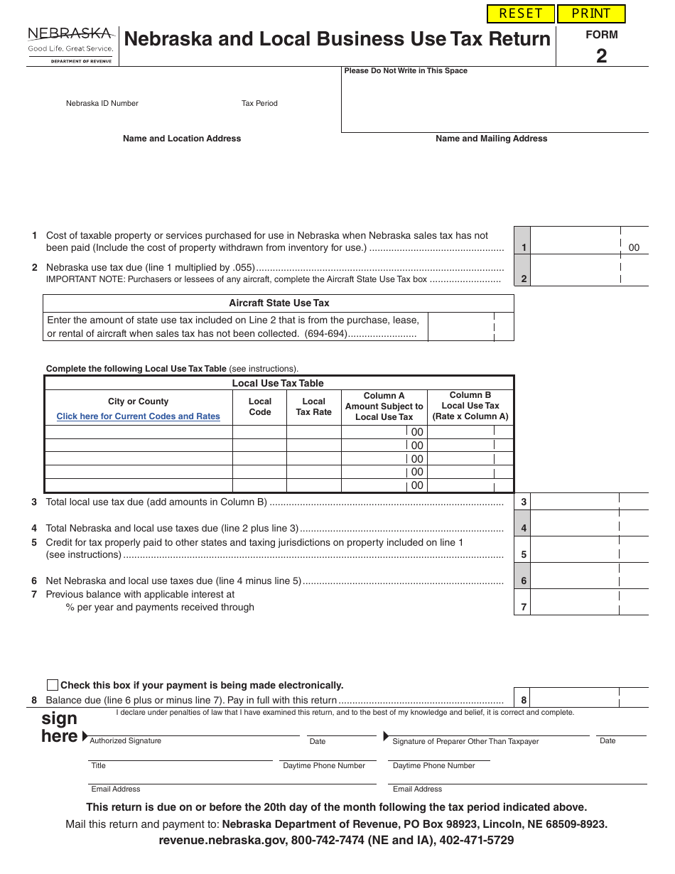 Form 2 Nebraska and Local Business Use Tax Return - Nebraska, Page 1