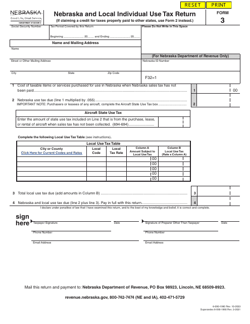 Form 3 Nebraska and Local Individual Use Tax Return - Nebraska