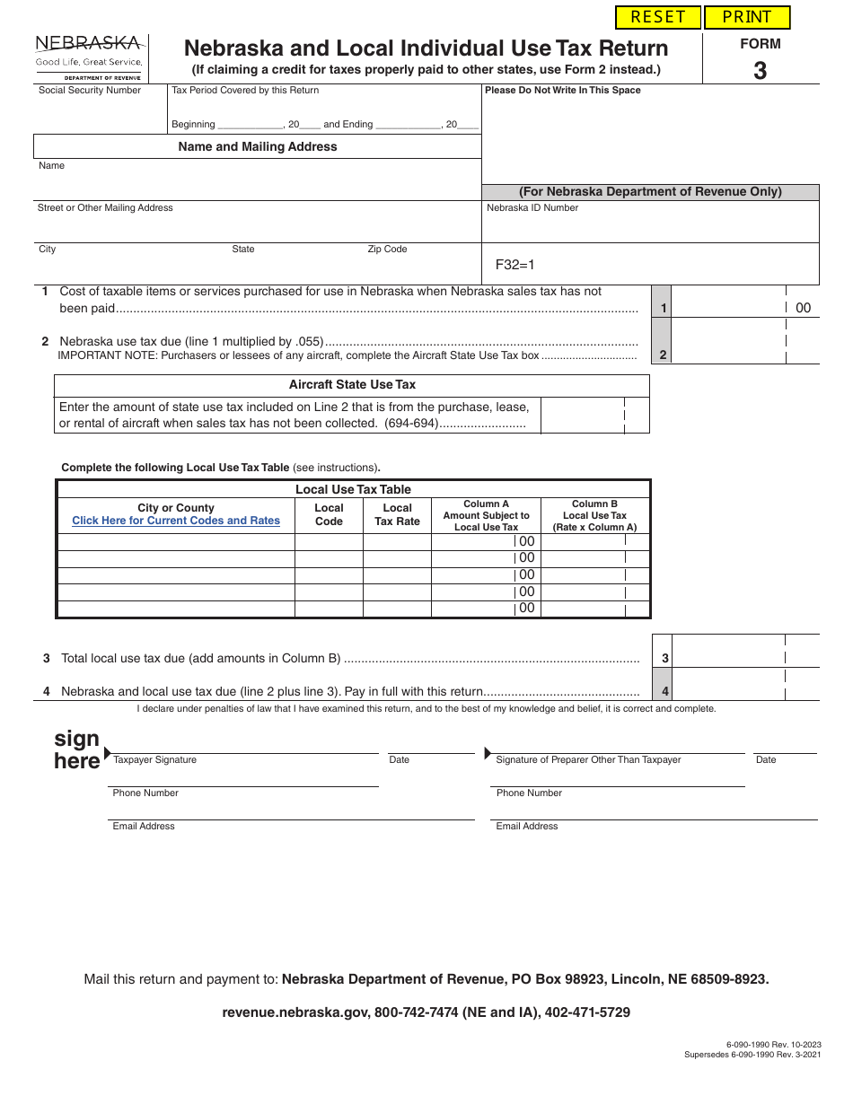 Form 3 Nebraska and Local Individual Use Tax Return - Nebraska, Page 1
