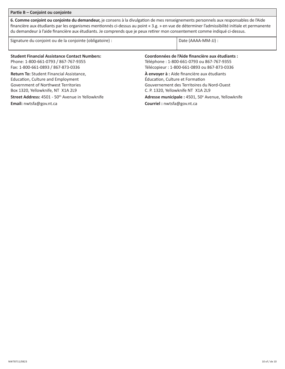 Form NWT8711 Application for Full-Time Student Financial Assistance - Income Security Programs - Northwest Territories, Canada (English / French), Page 10