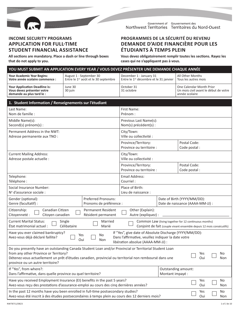 Form NWT8711 Application for Full-Time Student Financial Assistance - Income Security Programs - Northwest Territories, Canada (English / French), Page 1