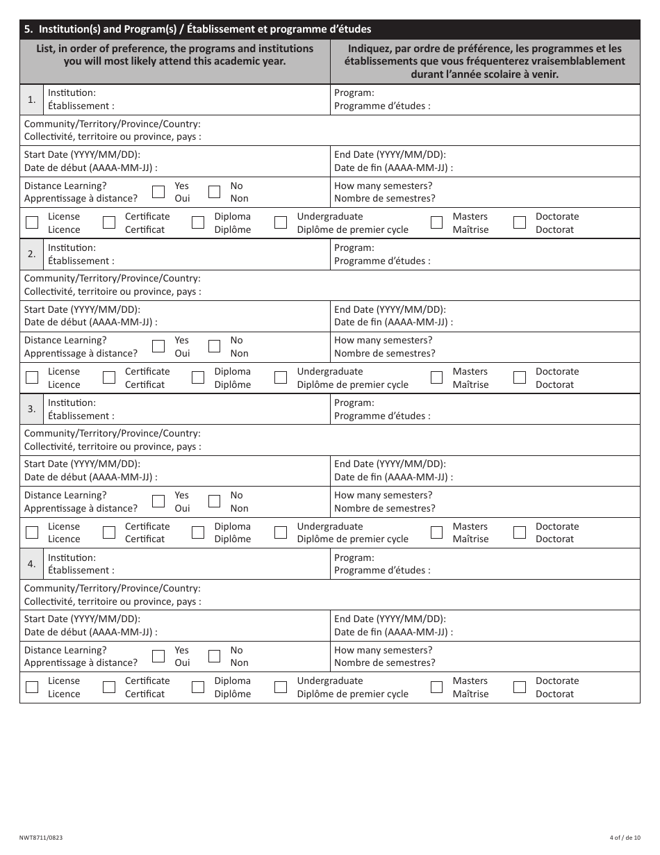 Form NWT8711 Application for Full-Time Student Financial Assistance - Income Security Programs - Northwest Territories, Canada (English / French), Page 4