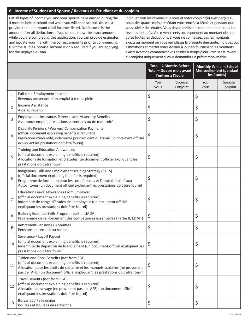 Form NWT8711 Application for Full-Time Student Financial Assistance - Income Security Programs - Northwest Territories, Canada (English / French), Page 5