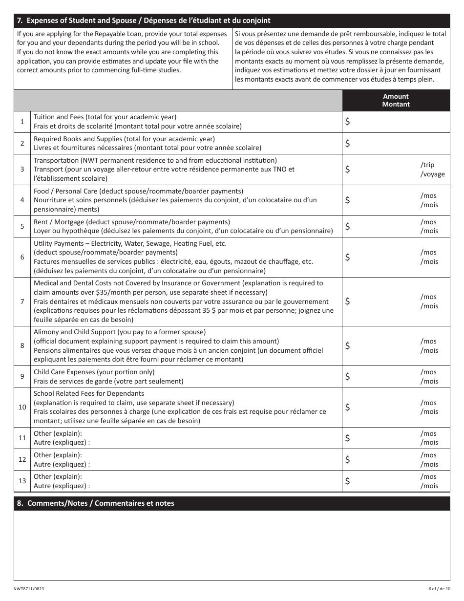 Form NWT8711 Application for Full-Time Student Financial Assistance - Income Security Programs - Northwest Territories, Canada (English / French), Page 6
