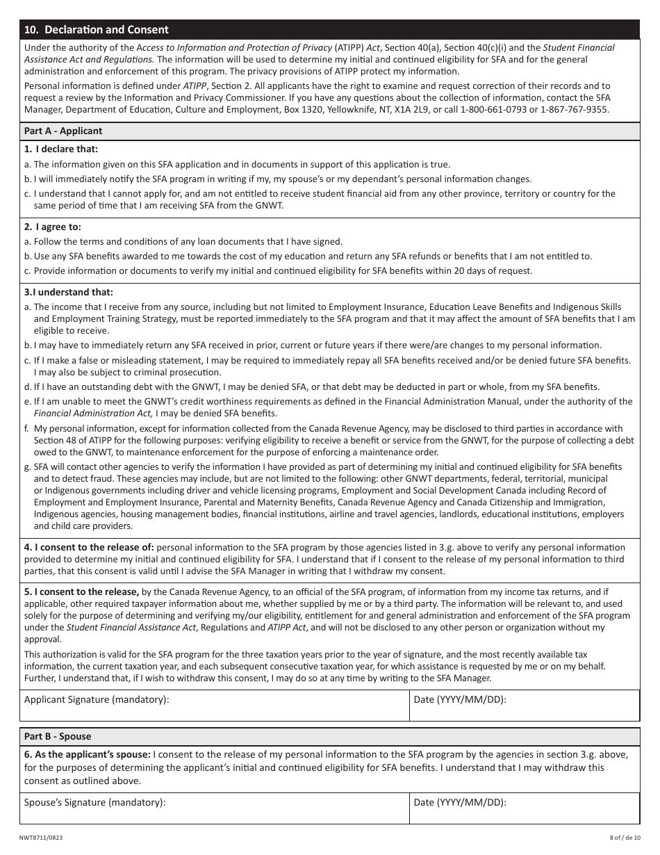 Form NWT8711 Application for Full-Time Student Financial Assistance - Income Security Programs - Northwest Territories, Canada (English / French), Page 8