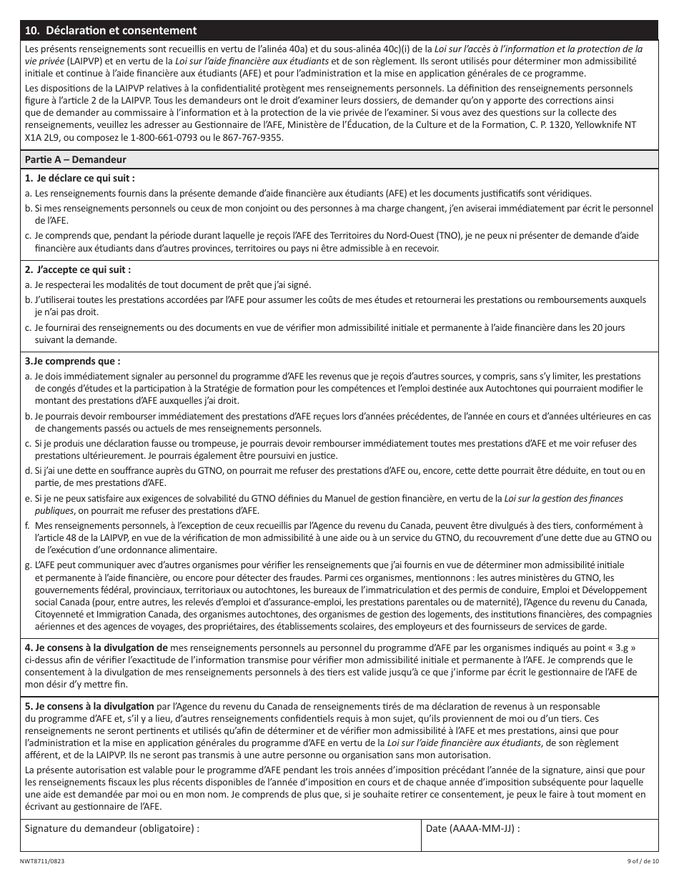 Form NWT8711 Application for Full-Time Student Financial Assistance - Income Security Programs - Northwest Territories, Canada (English / French), Page 9