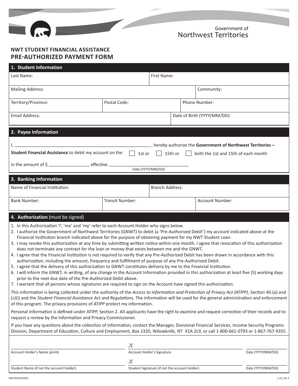 Form NWT9005 Pre-authorized Payment Form - Northwest Territories, Canada (English / French), Page 1