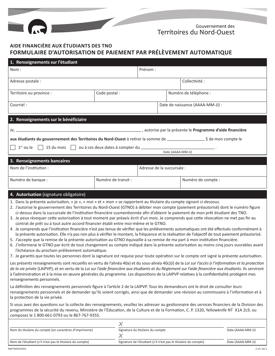 Form NWT9005 Pre-authorized Payment Form - Northwest Territories, Canada (English / French), Page 2