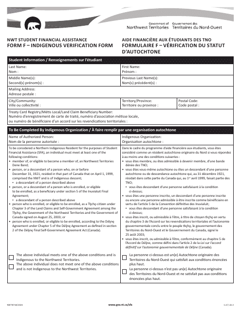 Form F (NWT8718) Indigenous Verification Form - Northwest Territories, Canada (English/French)