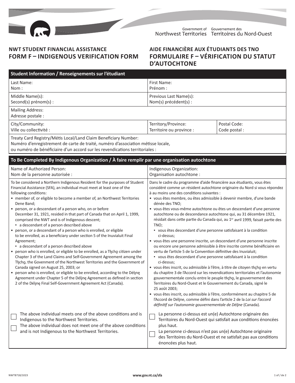 Form F (NWT8718) Indigenous Verification Form - Northwest Territories, Canada (English / French), Page 1