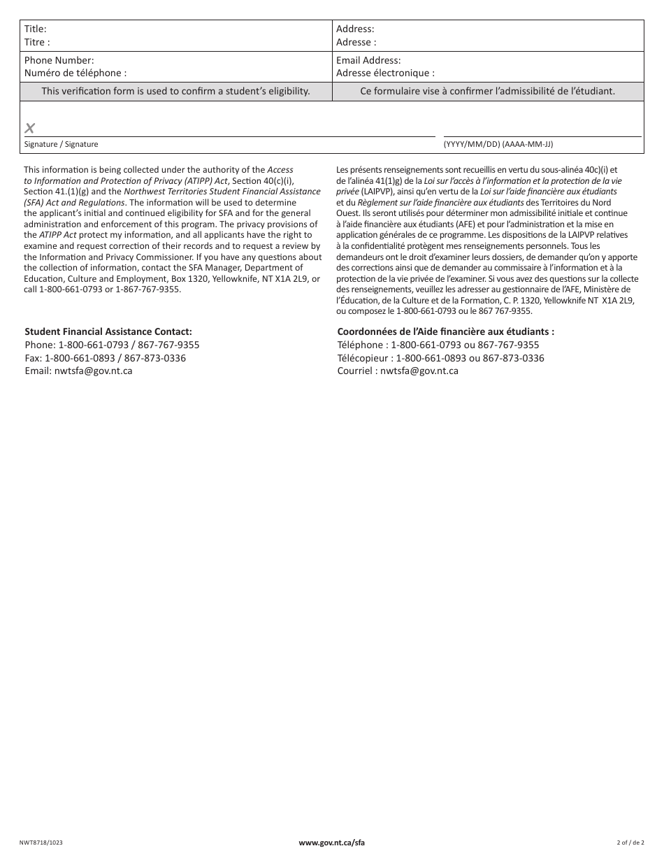 Form F (NWT8718) Indigenous Verification Form - Northwest Territories, Canada (English / French), Page 2