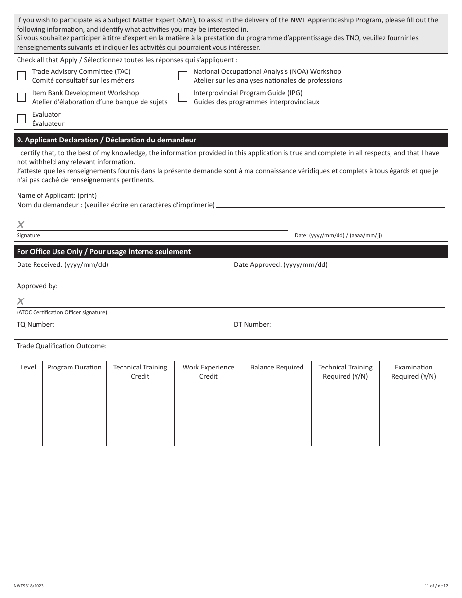 Form NWT9318 Trade Qualification and Designated Trainer Application - Northwest Territories, Canada, Page 11