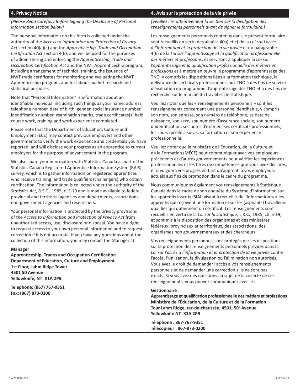 Form NWT9318 Trade Qualification and Designated Trainer Application - Northwest Territories, Canada, Page 5