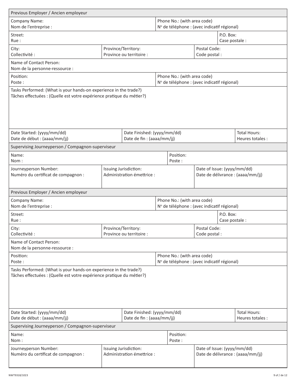 Form NWT9318 Trade Qualification and Designated Trainer Application - Northwest Territories, Canada, Page 9