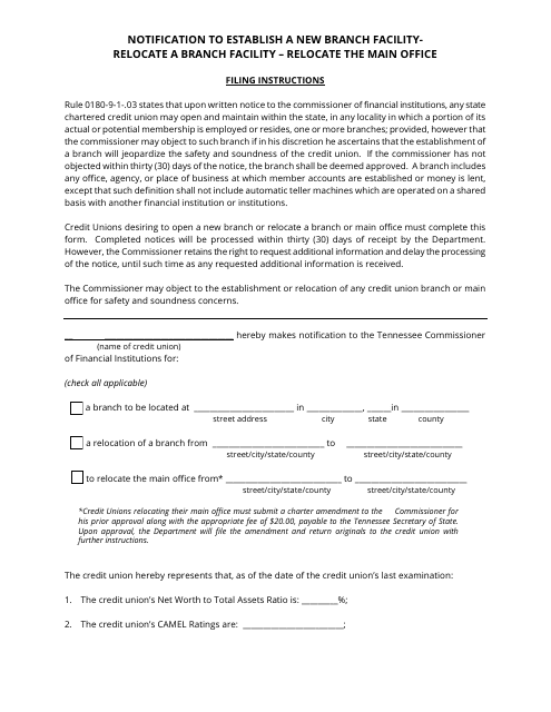 Notification to Establish a New Branch Facility - Relocate a Branch Facility - Relocate the Main Office - Tennessee Download Pdf