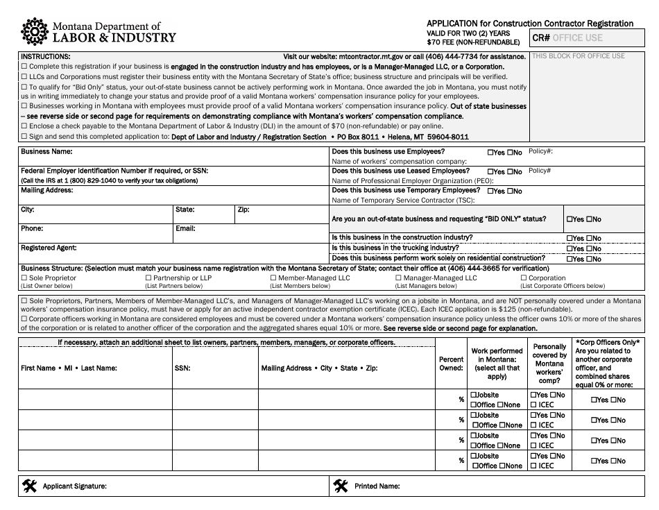 Form DLI-ERD-WCR001 Application for Construction Contractor Registration - Montana, Page 1