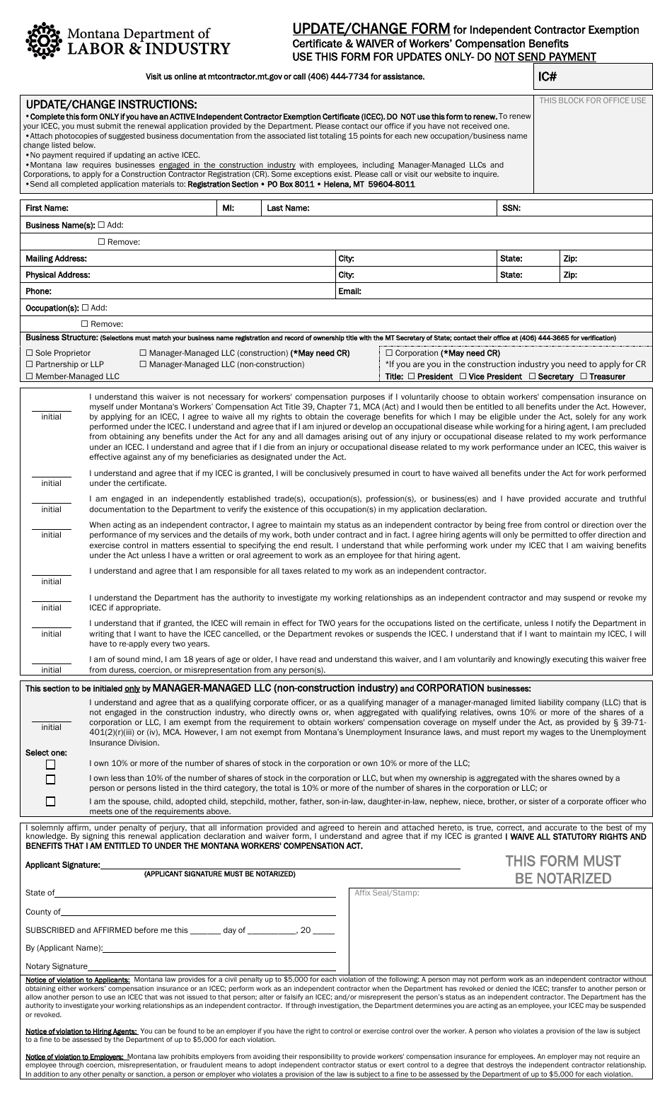 Update / Change Form for Independent Contractor Exemption Certificate  Waiver of Workers Compensation Benefits - Montana, Page 1