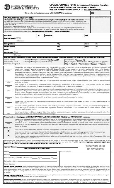 Update / Change Form for Independent Contractor Exemption Certificate & Waiver of Workers' Compensation Benefits - Montana Download Pdf