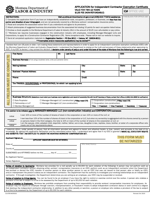 Form DLI-ERD-WCR003 Application for Independent Contractor Exemption Certificate - Montana