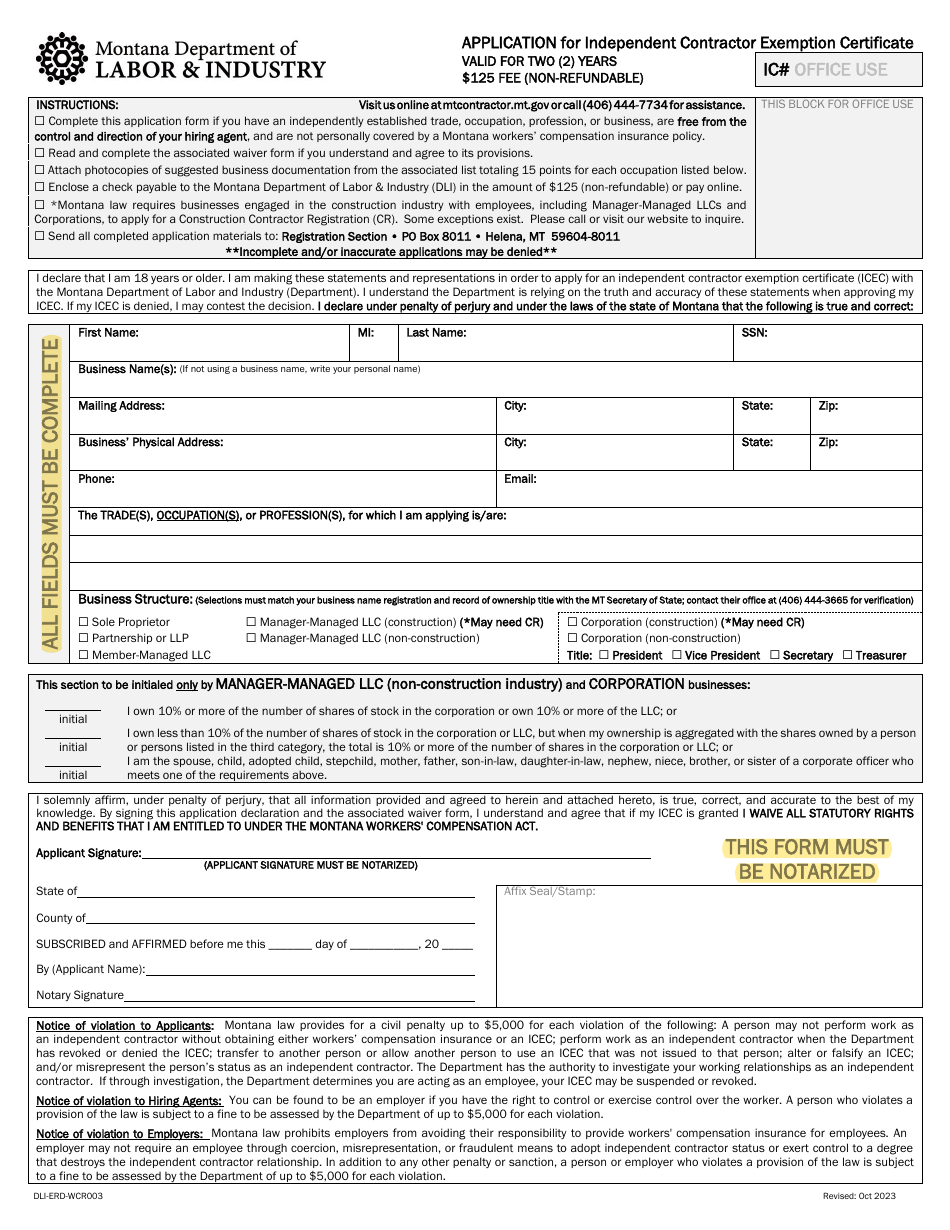 Form DLI-ERD-WCR003 Application for Independent Contractor Exemption Certificate - Montana, Page 1