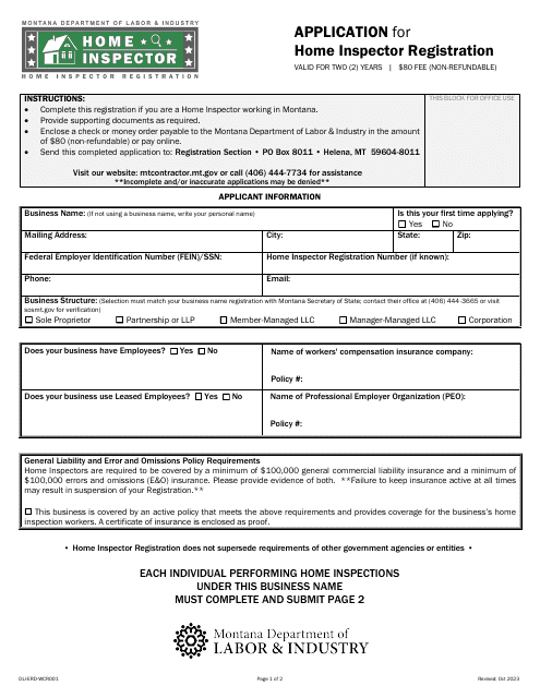 Form DLI-ERD-WCR001 Application for Home Inspector Registration - Montana