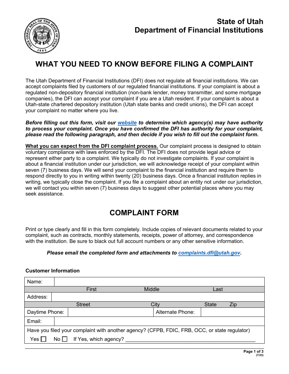 Complaint Form - Utah, Page 1