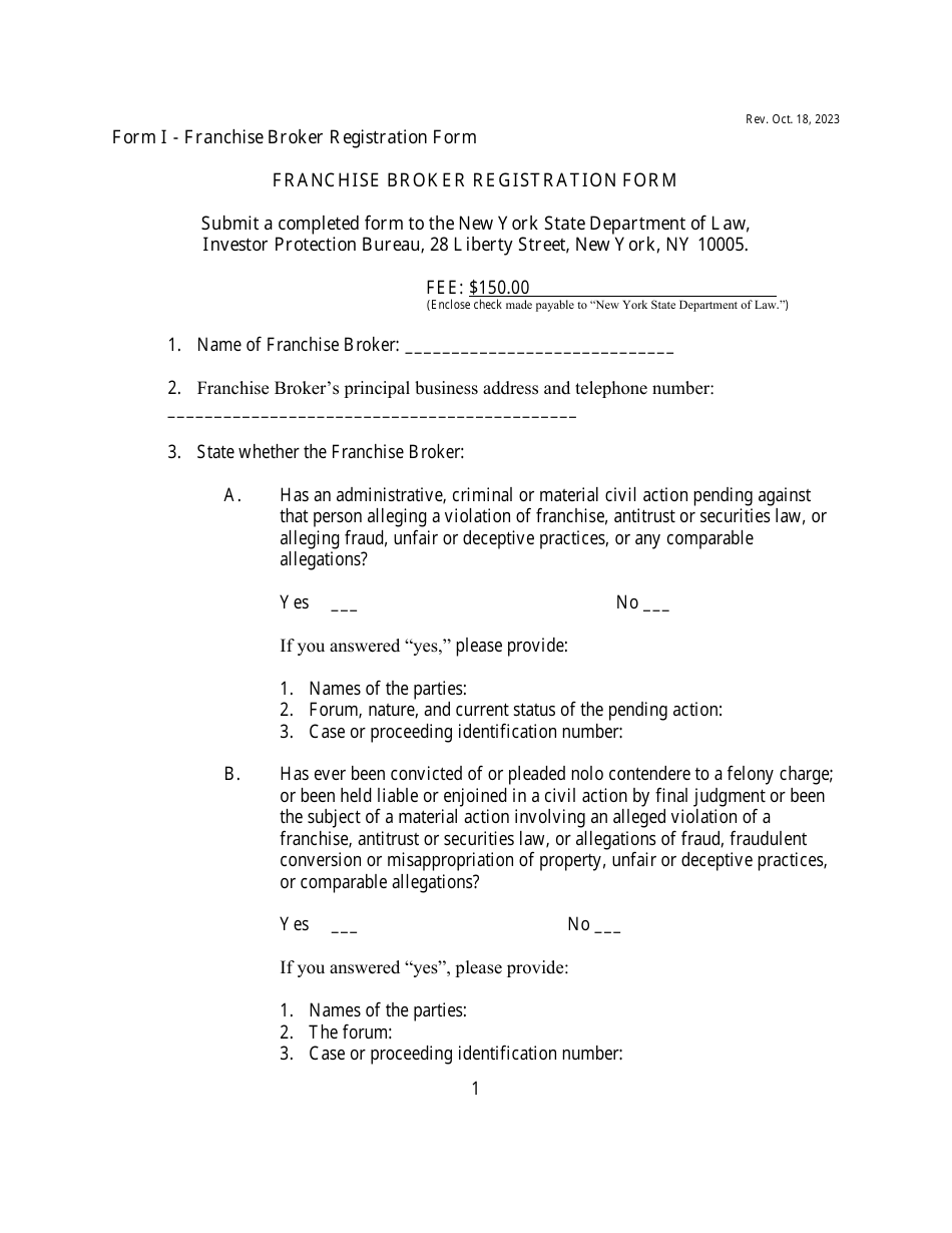 Form I (DOS-17) Franchise Broker Registration Form - New York, Page 1