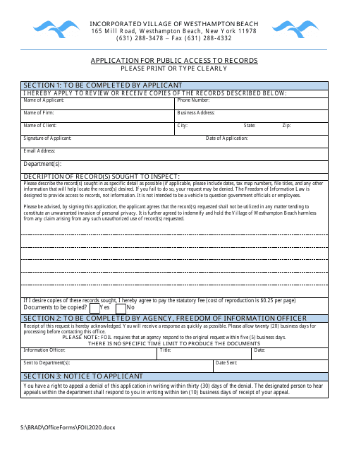 Application for Public Access to Records - Village of Westhampton Beach, New York Download Pdf