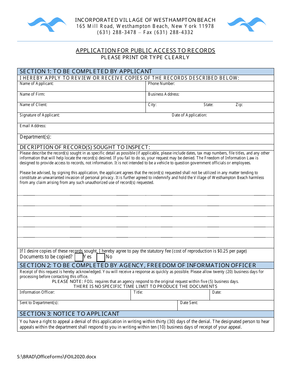 Application for Public Access to Records - Village of Westhampton Beach, New York, Page 1