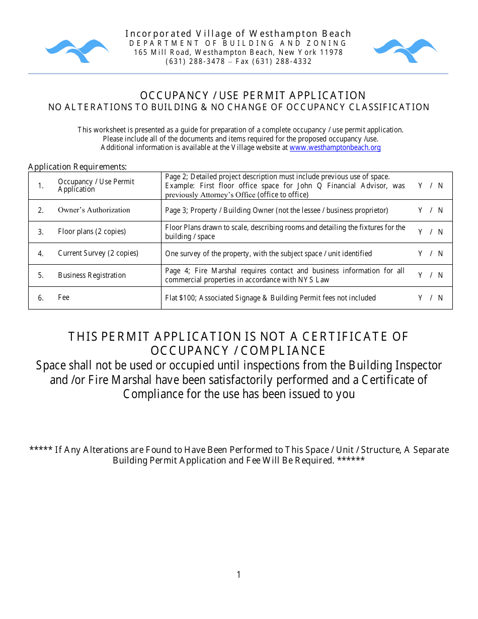 Occupancy / Use Permit Application - Village of Westhampton Beach, New York, Page 1