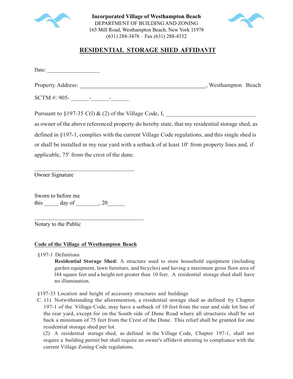 Residential Storage Shed Affidavit - Village of Westhampton Beach, New York, Page 1