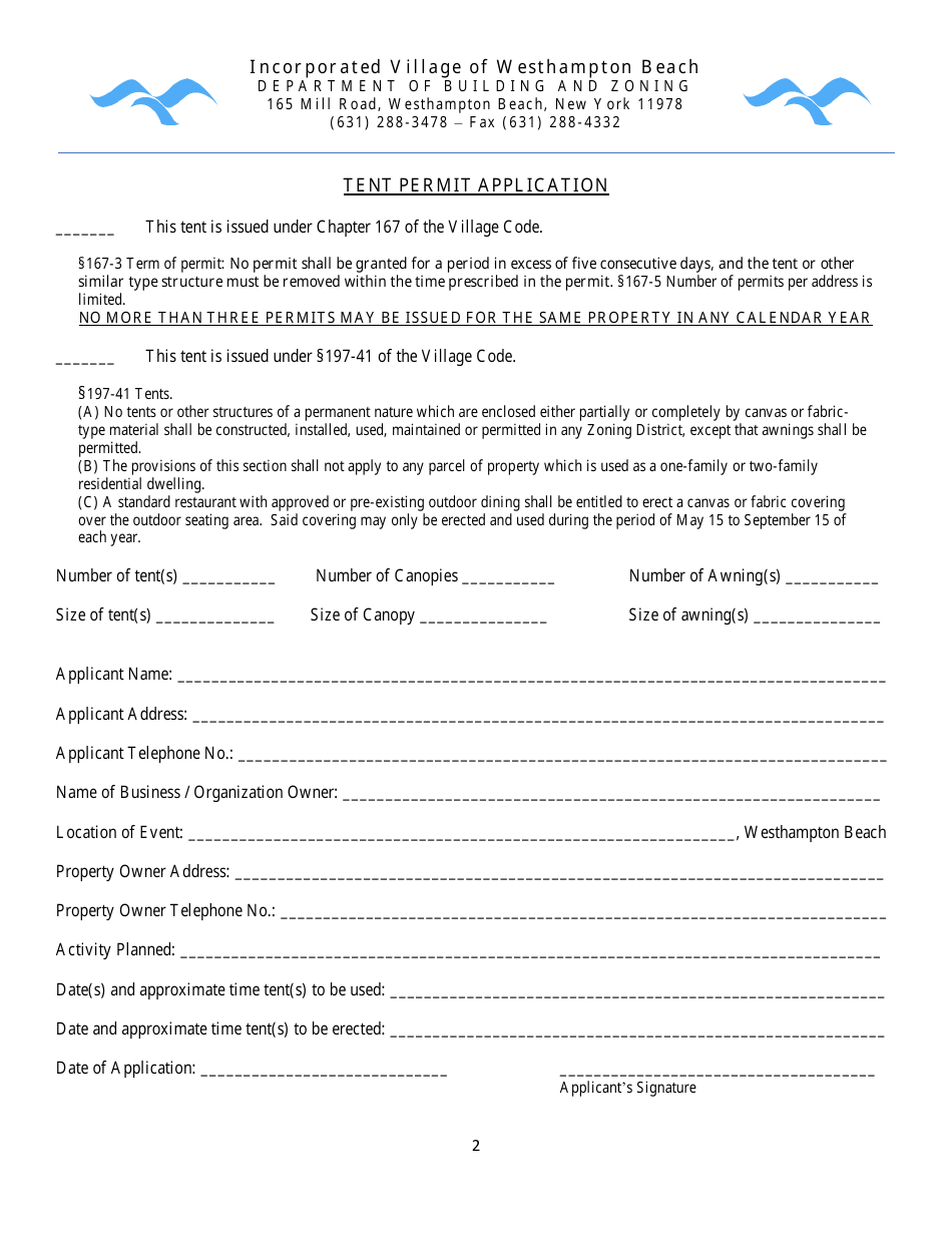 Tent Permit Application and Checklist - Village of Westhampton Beach, New York, Page 2