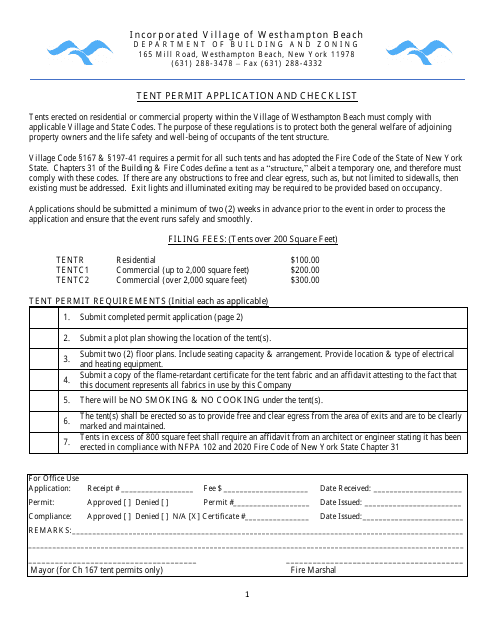 Tent Permit Application and Checklist - Village of Westhampton Beach, New York Download Pdf
