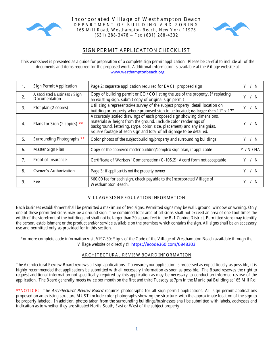Village of Westhampton Beach, New York Sign Permit Application Fill