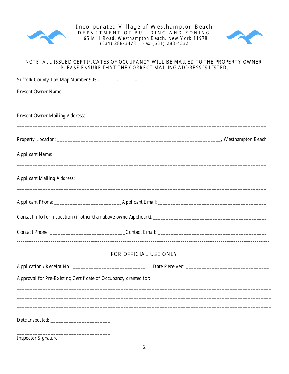 Pre-existing Certificate of Occupancy Application - Village of Westhampton Beach, New York, Page 2