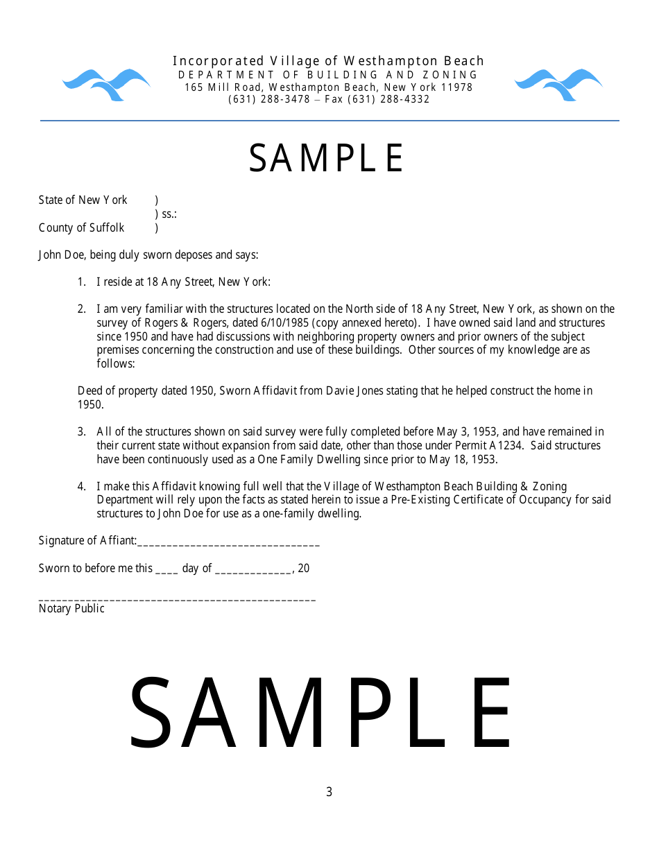 Pre-existing Certificate of Occupancy Application - Village of Westhampton Beach, New York, Page 3