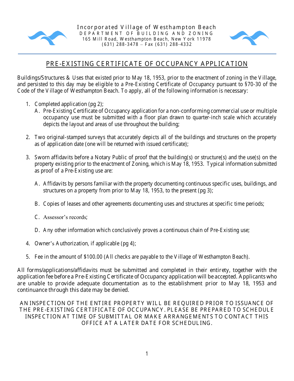Village of Westhampton Beach, New York Preexisting Certificate of